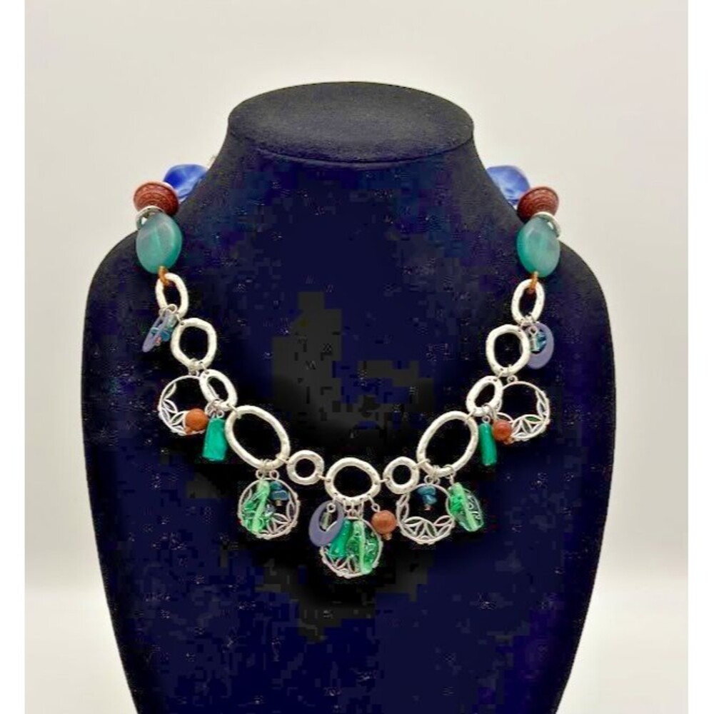 Coldwater Creek Statement Necklace Green Blue Glass Beads Charm Bib Silver Tone